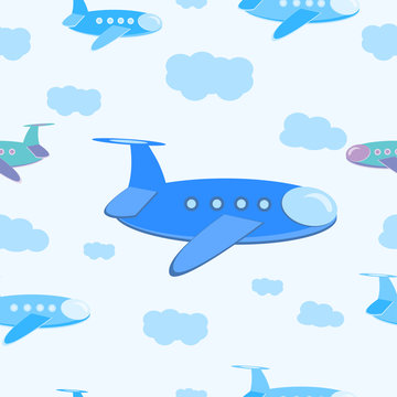 Seamless pattern Cartoon plane in the sky with clouds