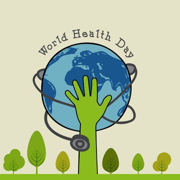 Globe with human hand and stethoscope for World Health Day.