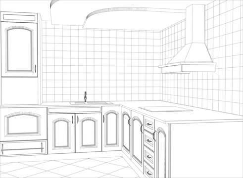 Kitchen vector sketch interior. Illustration created of 3d