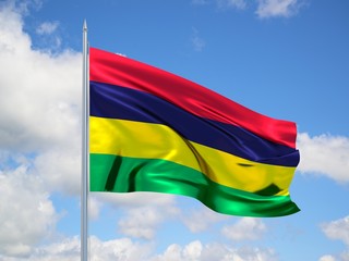 mauritius 3d flag floating in the wind in blue sky