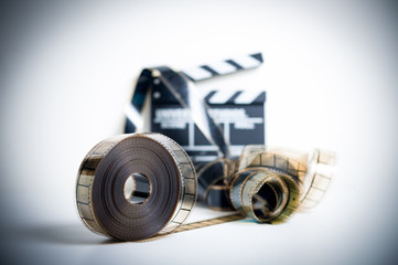 35mm movie reel with out of focus clapper in background