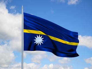 Nauru 3d flag floating in the wind in blue sky