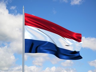 netherlands 3d flag floating in the wind in blue sky