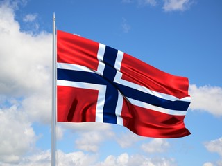 Norway 3d flag floating in the wind in blue sky
