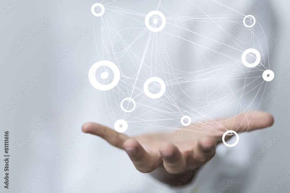 Poster network holding in hand 3d connection data interface
