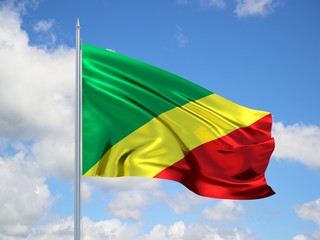 Republic Of The Congo 3d flag floating in the wind in blue sky