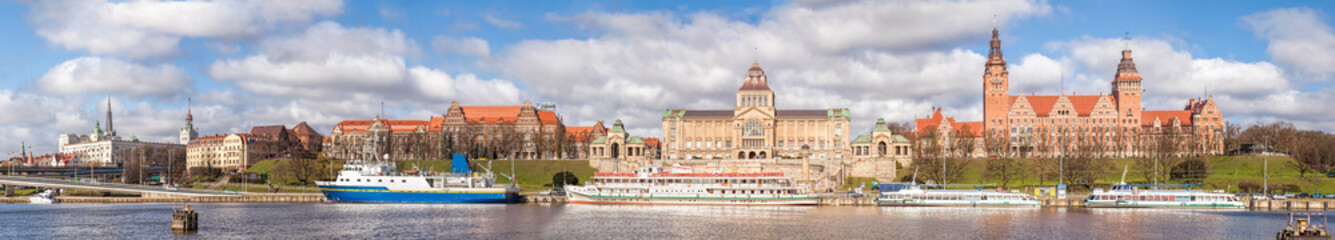 Panoramic view of Szczecin city waterfront by the Odra River, Poland. - obrazy, fototapety, plakaty