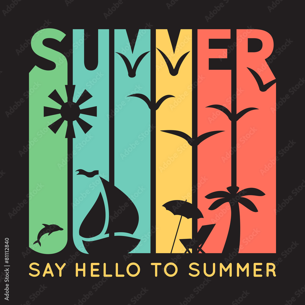 Wall mural Summer typography with beach icons, t-shirt graphics