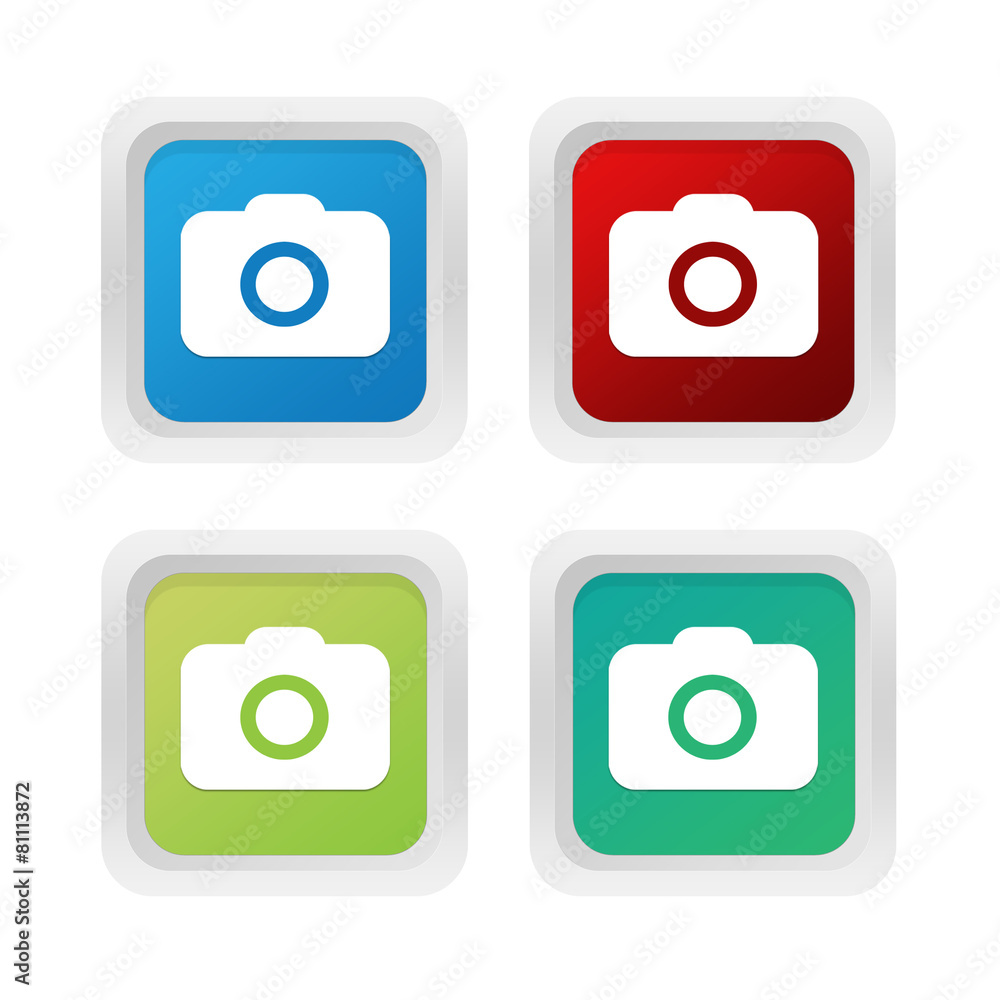 Poster set of squared colorful buttons with camera symbol