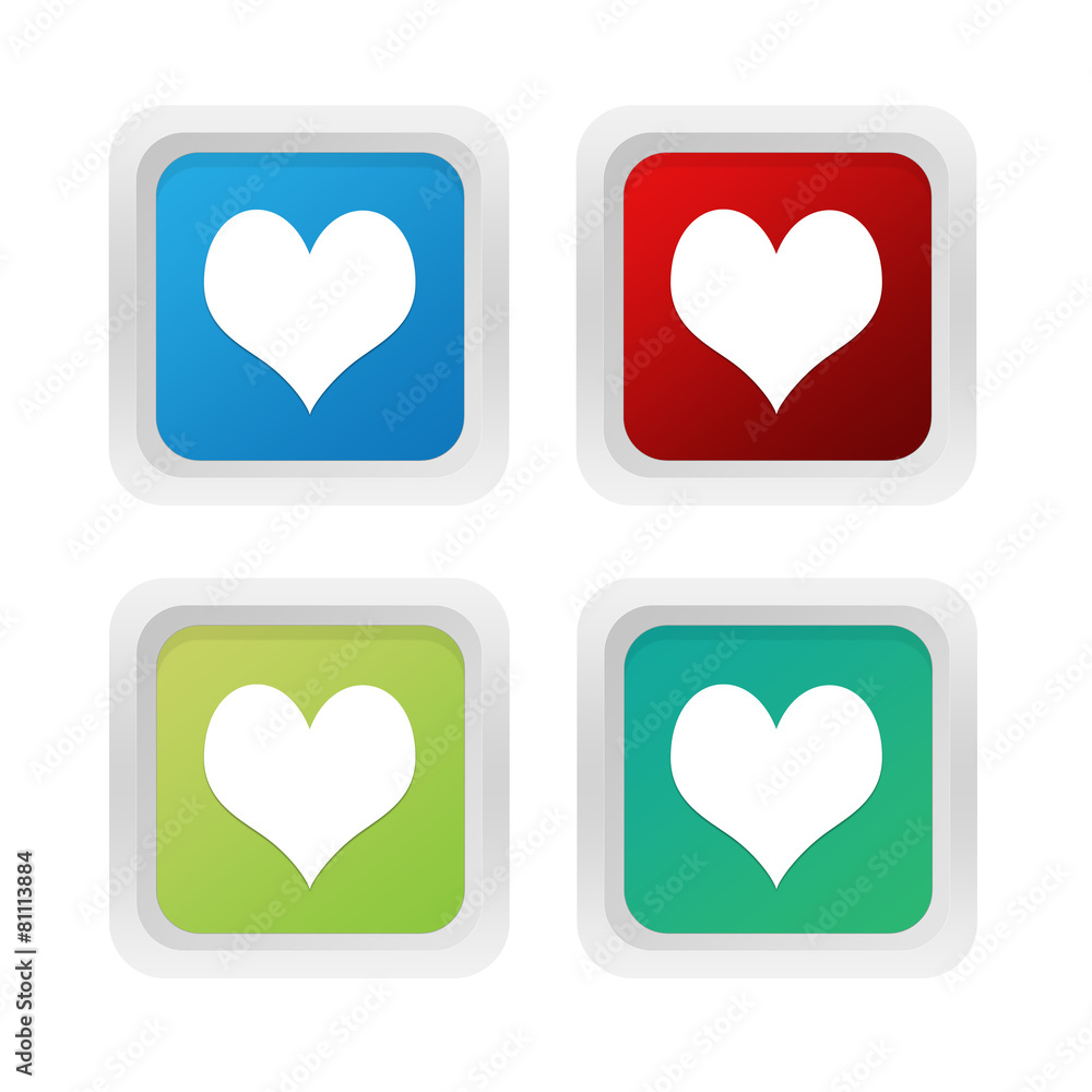 Poster set of squared colorful buttons with heart symbol