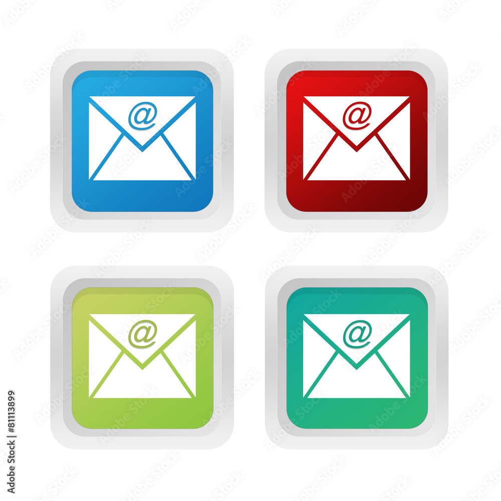 Poster set of squared colorful buttons with email symbol