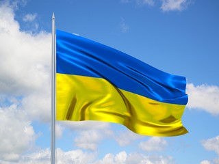 Ukraine 3d flag floating in the wind in blue sky