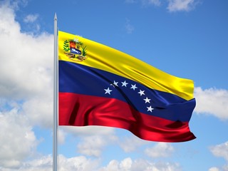 Venezuela 3d flag floating in the wind in blue sky