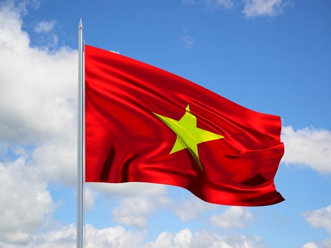 Vietnam 3d flag floating in the wind in blue sky