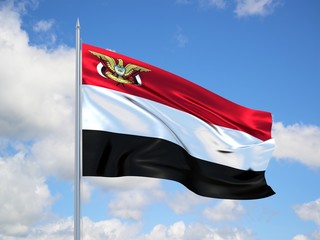 Yemen 3d flag floating in the wind in blue sky