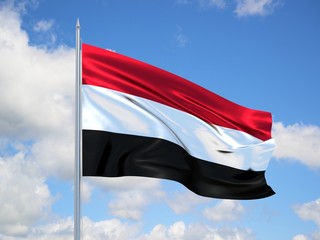Yemen 3d flag floating in the wind in blue sky