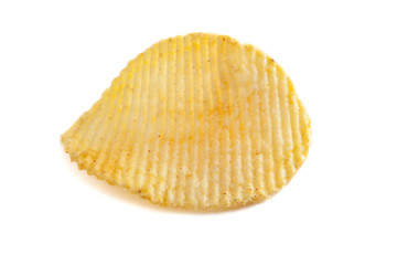 Single potato chip on white background close-up