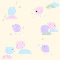 Seamless Pattern with Eating Singing and Dreaming Birds on a Lig