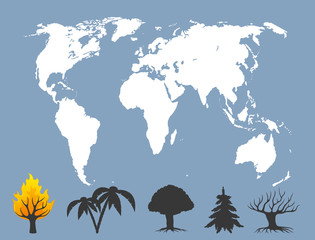 World map and trees.
