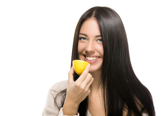 happy smiling woman with lemon