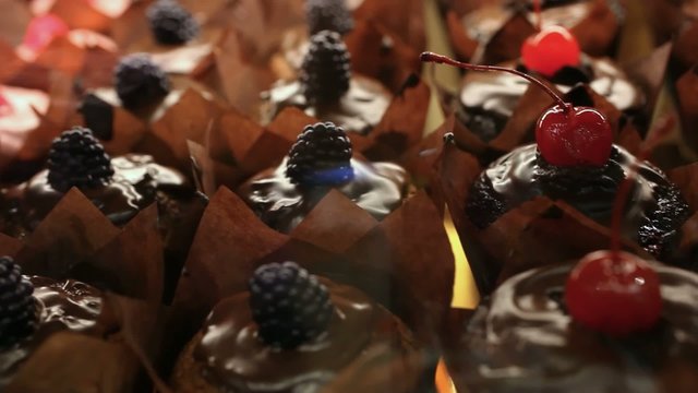 Showcase of cakes,  pastry in window display canteen for tasty