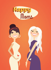 Two Happy Moms. Young Pregnant Women with Template Text
