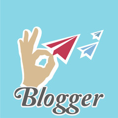 Blogger, paper planes over blue color background