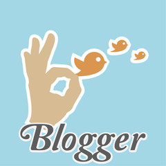 Blogger, hand holding birds over blue color background