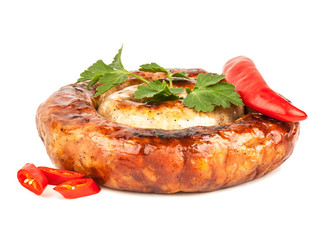 Homemade smoked sausage on white