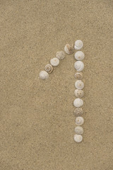 Fototapeta na wymiar Zahl 1 aus Schneckenhäuschen im Sand