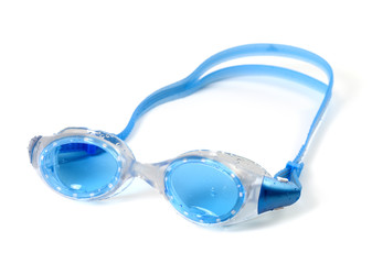 Blue goggles for swimming with water drops