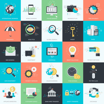 Set of flat design style concept icons for finance, banking