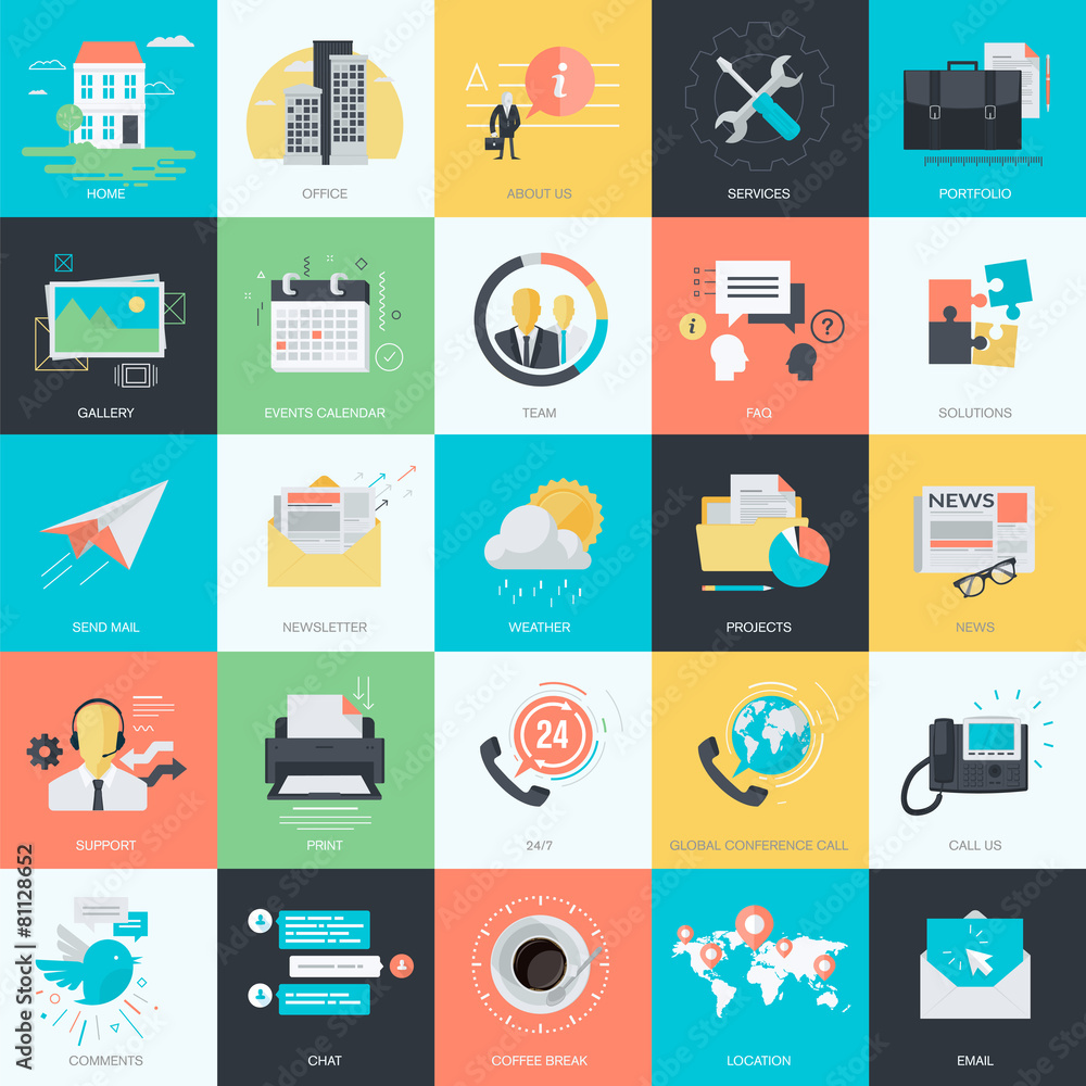 Poster set of flat design basic icons for website design