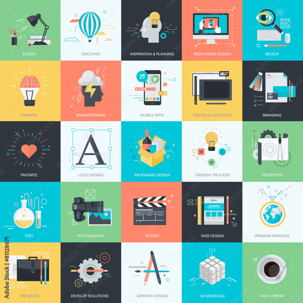 Poster set of flat design concept icons for graphic and web design