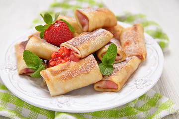 Fresh Strawberry French Crepes with Mint for Breakfast