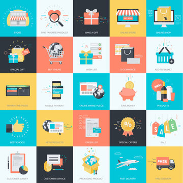 Set of flat design icons for e-commerce, online shopping