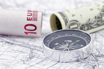 American and European currencies are on the map