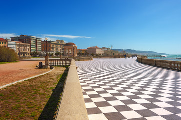 Terrace Mascagni in Livorno, viewpoint along the sea with the ch