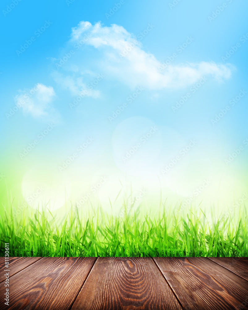 Wall mural summer background with floor, grass and bokeh