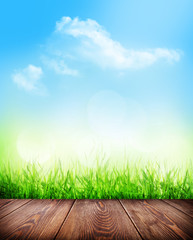 Summer background with floor, grass and bokeh