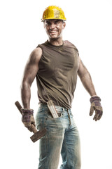 Young dirty Worker Man With Hard Hat helmet  .holding a hammer a