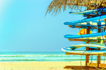 Exotic beach with colorful surfboard and azure water, Sri Lanka