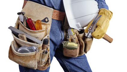 building contractor carpenter man with tools on white