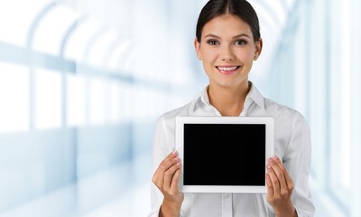 Analysis. Business concept - businesswoman showing tablet pc