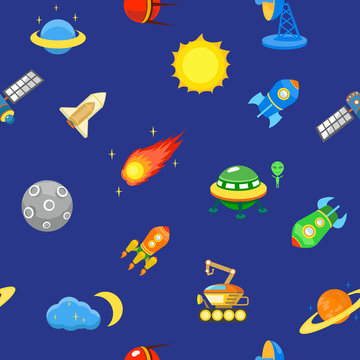 Seamless space pattern. Planets, rockets and stars. Cartoon © lightgirl