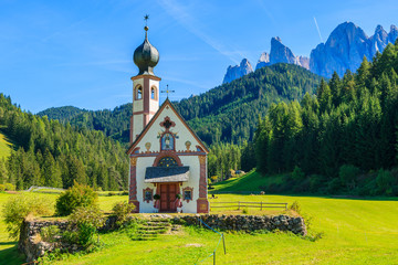 Church in Santa Maddalena alpine village, Dolomites Mountains