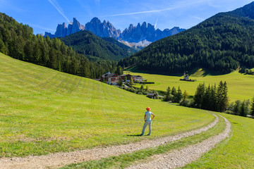 Fototapeta na wymiar View of mountain valley and Santa Maddalena village, Dolomites