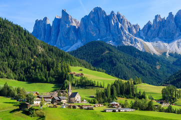 View of mountain valley and Santa Maddalena village, Dolomites - obrazy, fototapety, plakaty