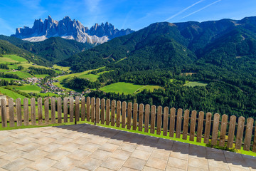 Terrace in Val di Funes alpine valley, Dolomites Mountains