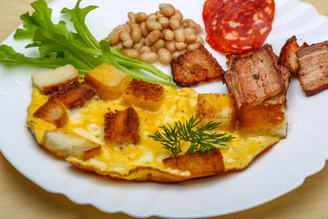 Breakfast with eggs, bacon and beans